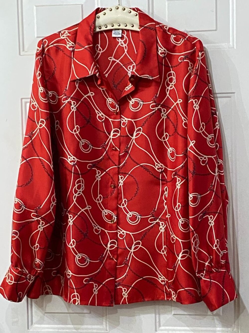 Jones & Co Silk Sz 24W Blouse Button Up Shirt Long Sleeve Red/White/Black Cha